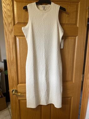 Three Dots Ivory Textured Sleeveless Midi Shift Dress